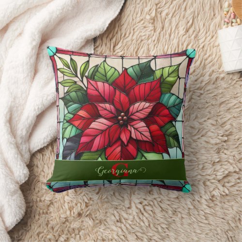 Personalized Festive Stained Glass Poinsettia Throw Pillow