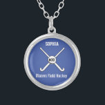 Personalized Field Hockey Team Name Jersey Number Silver Plated Necklace<br><div class="desc">This personalized field hockey design features 2 crossed field hockey sticks, a ball and your player's or coach's name, team name and jersey number. Personalize the background color to match your team colors - just click on "customize" and then the small eye dropper. This makes a perfect for an end...</div>