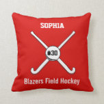 Personalized Field Hockey Team Name Jersey Number Throw Pillow<br><div class="desc">This personalized field hockey design features 2 crossed field hockey sticks, a ball and your player's or coach's name, team name and jersey number. Currently Red, you can personalize the background color to match your team colors - just click on "customize" and then scroll down to the color picker. This...</div>