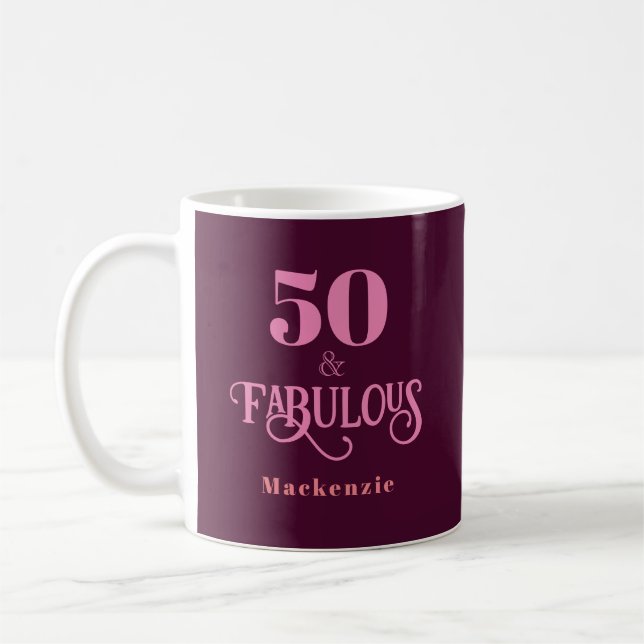 Personalized Fifty and Fabulous Burgundy Coffee Mug (Left)