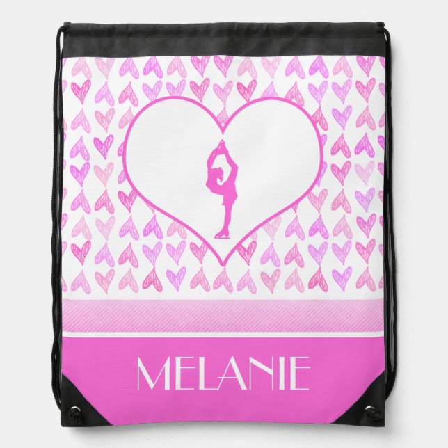 Personalized Figure Skater Pink Watercolor Hearts Drawstring Bag (Front)