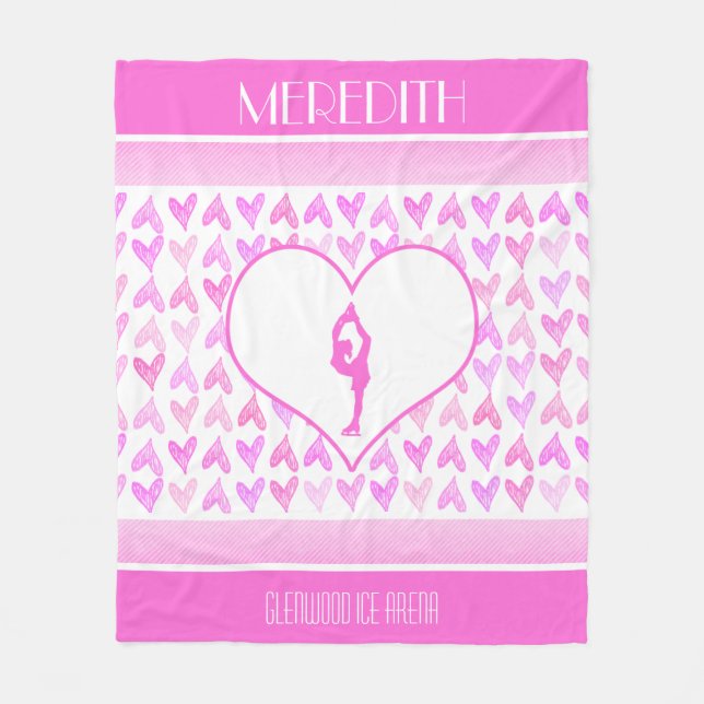 Personalized Figure Skater Pink Watercolor Hearts Fleece Blanket (Front)