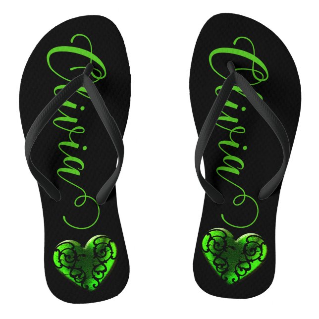 Personalized Filigree Goth Green Heart  Flip Flops (Footbed)