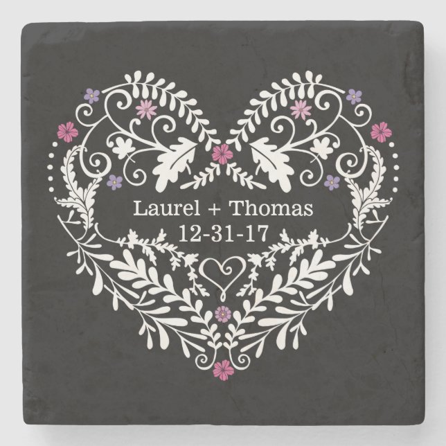 Personalized Filigree Heart, Wedding Date Names Stone Coaster (Front)