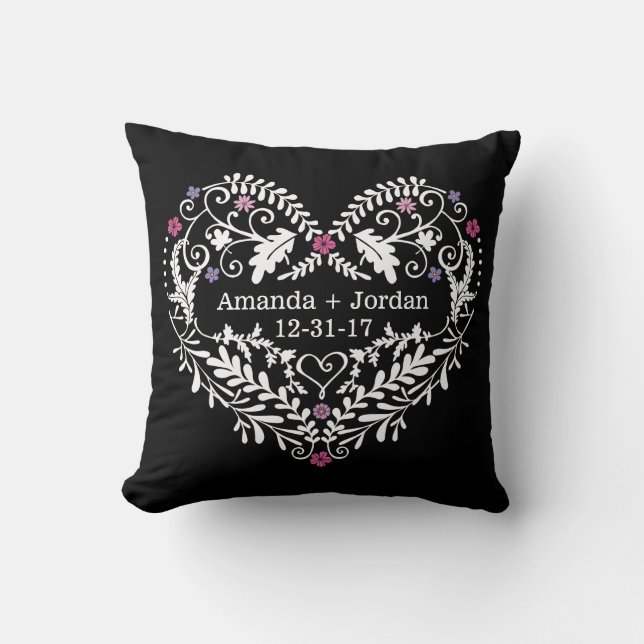 Personalized Filigree Heart, Wedding Date Names Throw Pillow (Front)