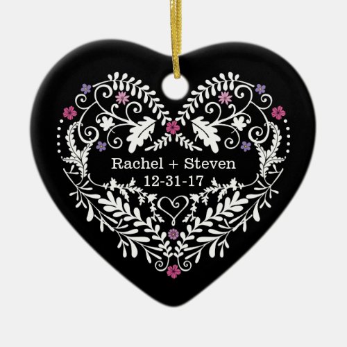 Personalized Filigree Heart Wedding Date Newlywed Ceramic Ornament