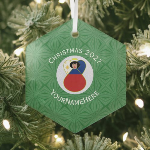 Personalized Filipino Angel Christmas Flag  Glass Ornament