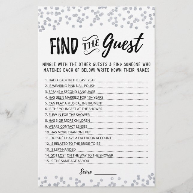 Personalized Find the guest Bridal Shower game (Front)