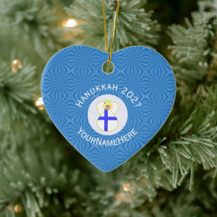 Personalized Finnish Angel Hanukkah Flag Ceramic Ornament