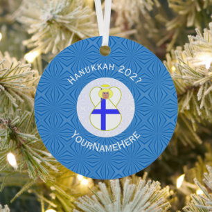 Personalized Finnish Angel Hanukkah Flag Metal Ornament