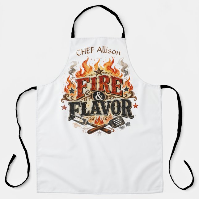 Personalized Fire & Flavor BBQ Apron | Custom Name (Front)