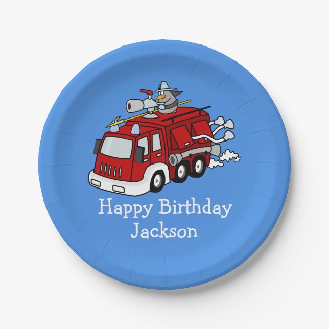 Personalized Fire Truck Boy's Birthday Paper Plates (Front)
