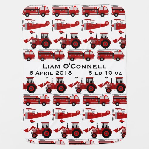 Personalized Fire Truck Tractor Plane Birth Date Baby Blanket