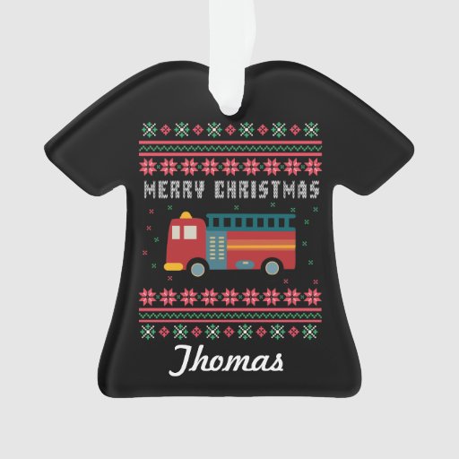 Personalized Fire Truck Ugly Christmas Sweater Ornament