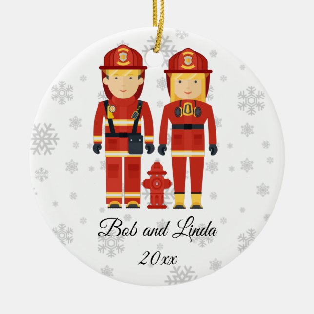 Personalized Firefighter Couple Christmas Ceramic Ornament (Front)
