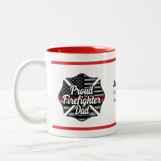 Personalized Firefighter Dad Name Thin Red Line  Two-Tone Coffee Mug (Left)