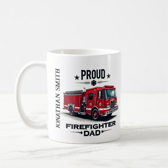 Personalized Firefighter Dad Name W/ Firetruck Coffee Mug (Left)