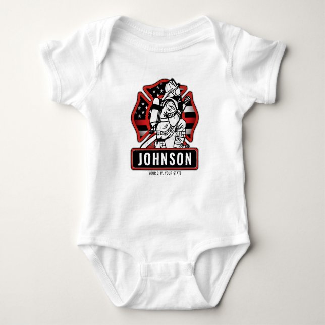 Personalized Firefighter Fire Dept Patriotic Flag  Baby Bodysuit (Front)
