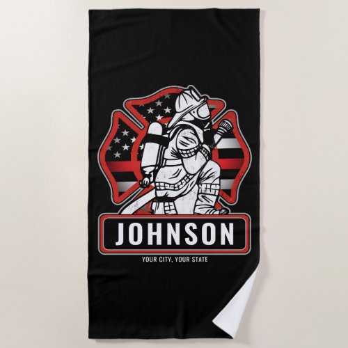 Personalized Firefighter Fire Dept Patriotic Flag  Beach Towel