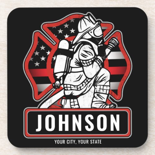 Personalized Firefighter Fire Dept Patriotic Flag  Beverage Coaster