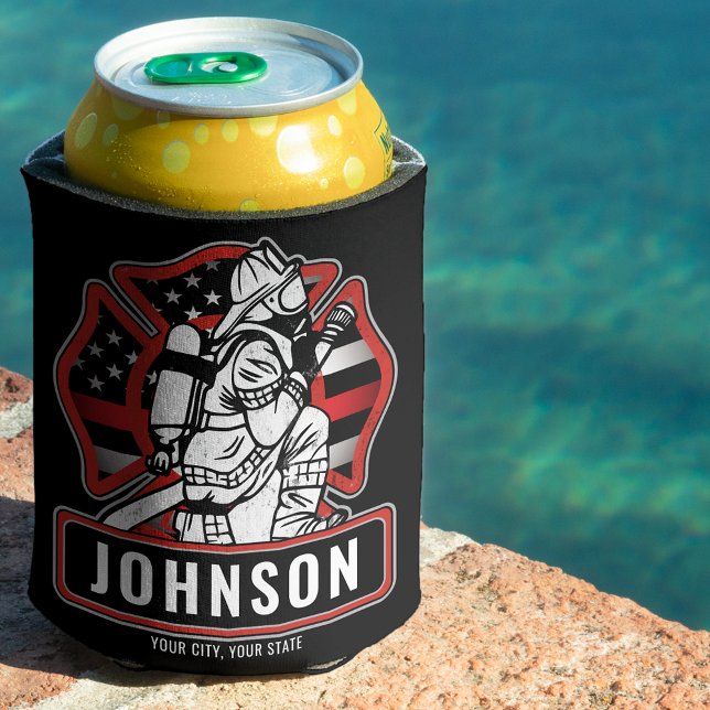 Personalized Firefighter Fire Dept Patriotic Flag  Can Cooler (Creator Uploaded)