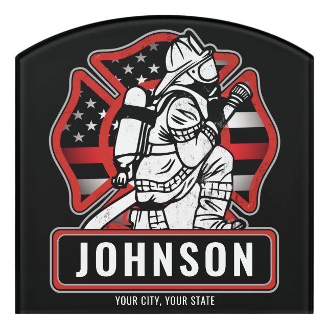 Personalized Firefighter Fire Dept Patriotic Flag  Door Sign (Contour Front)