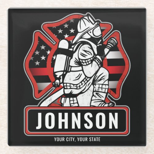 Personalized Firefighter Fire Dept Patriotic Flag  Glass Coaster