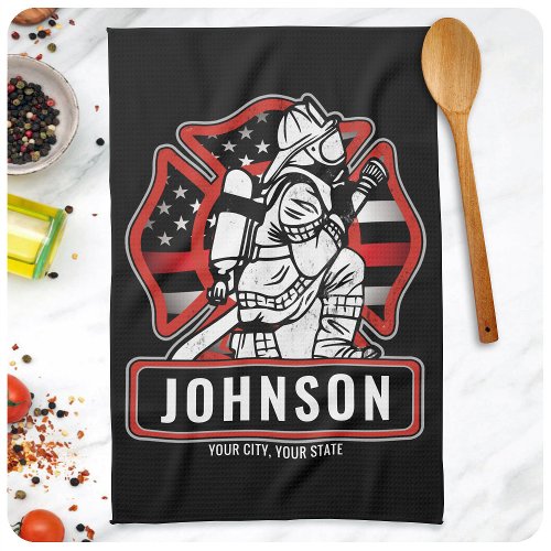 Personalized Firefighter Fire Dept Patriotic Flag Kitchen Towel
