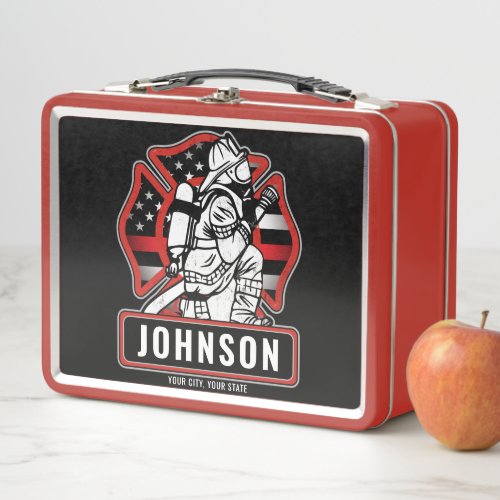 Personalized Firefighter Fire Dept Patriotic Flag Metal Lunch Box