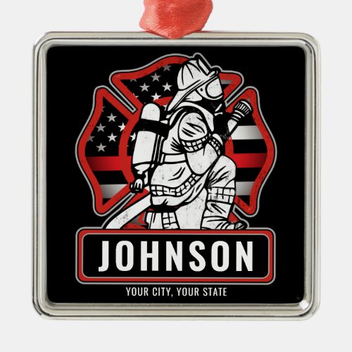 Personalized Firefighter Fire Dept Patriotic Flag  Metal Ornament