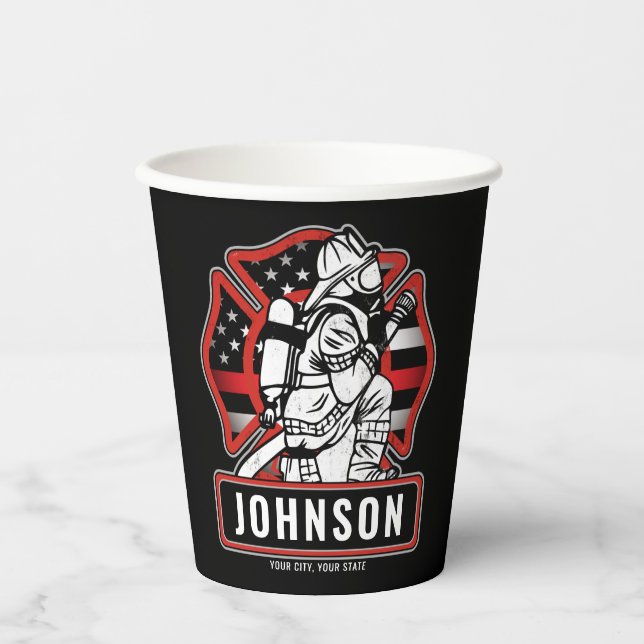 Personalized Firefighter Fire Dept Patriotic Flag Paper Cups (Front)
