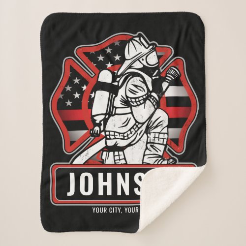 Personalized Firefighter Fire Dept Patriotic Flag Sherpa Blanket