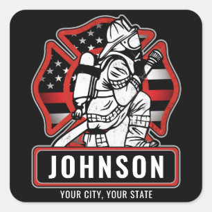 Personalized Firefighter Fire Dept Patriotic Flag Square Sticker