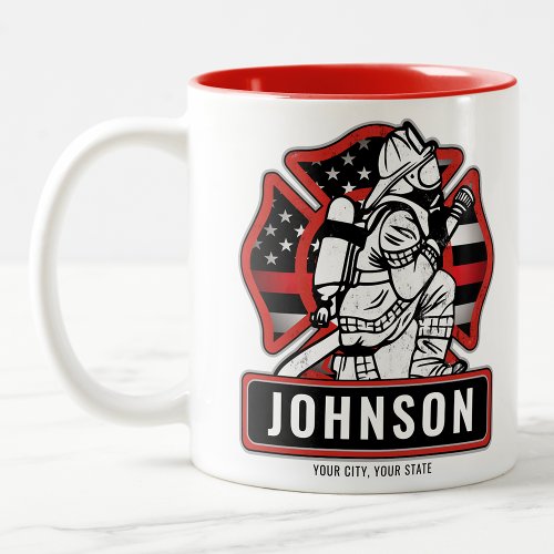 Personalized Firefighter Fire Dept Patriotic Flag  Two_Tone Coffee Mug