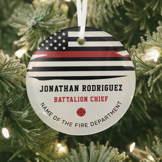 Personalized Firefighter Fire Dept Thin Red Line Glass Ornament (Insitu)