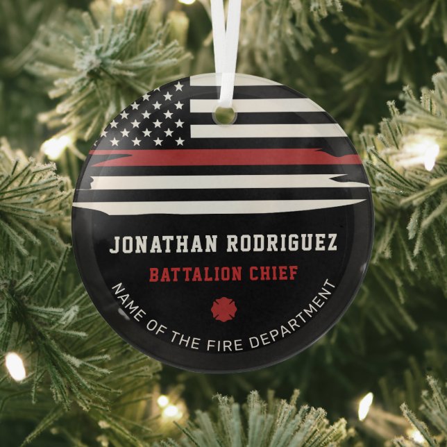 Personalized Firefighter Fire Dept Thin Red Line Glass Ornament (Insitu)