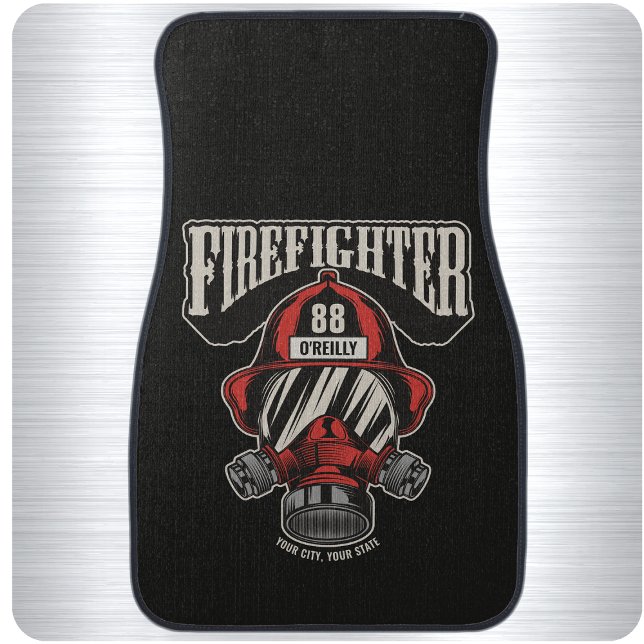 Personalized Firefighter Mask Fire Dept Helmet Car Floor Mat (Creator Uploaded)