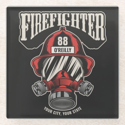 Personalized Firefighter Mask Fire Dept Helmet Glass Coaster
