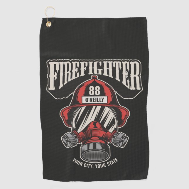 Personalized Firefighter Mask Fire Dept Helmet Golf Towel (Front)