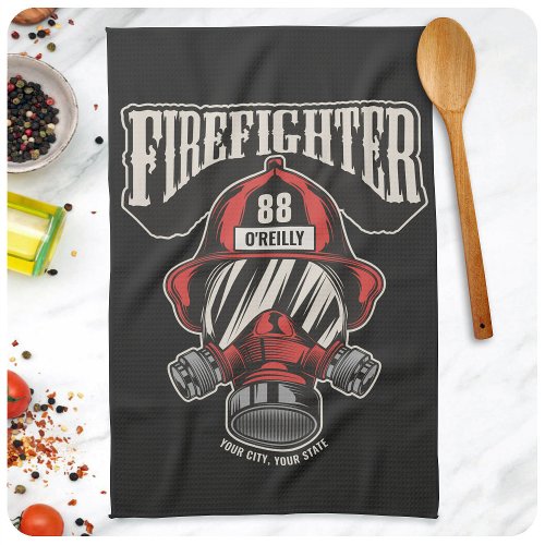 Personalized Firefighter Mask Fire Dept Helmet  Kitchen Towel