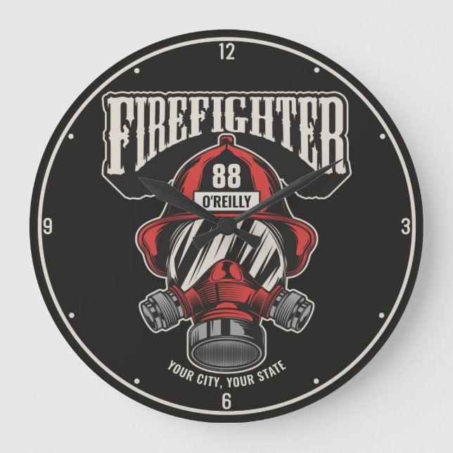 Personalized Firefighter Mask Fire Dept Helmet  Large Clock (Front)
