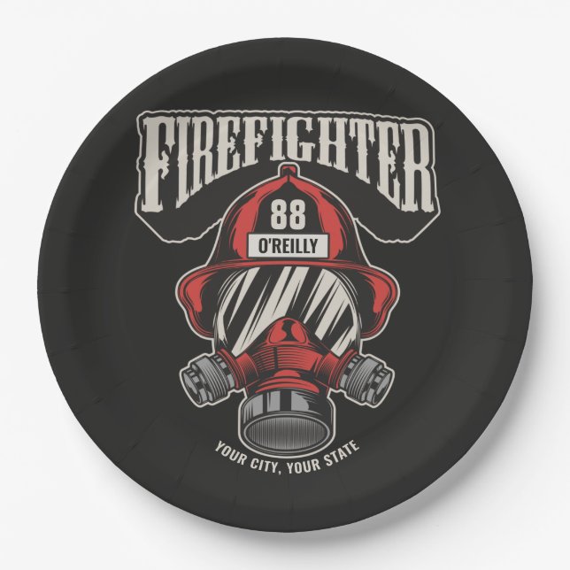 Personalized Firefighter Mask Fire Dept Helmet Paper Plates (Front)
