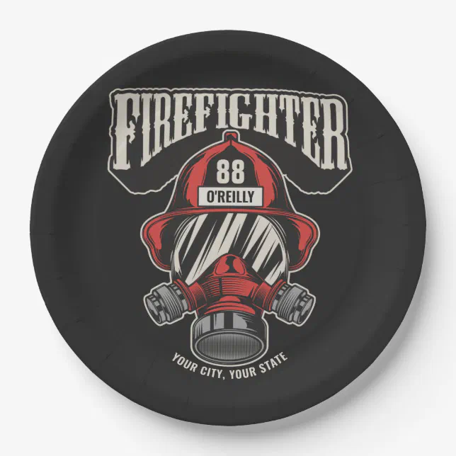 Personalized Firefighter Mask Fire Dept Helmet Paper Plates | Zazzle