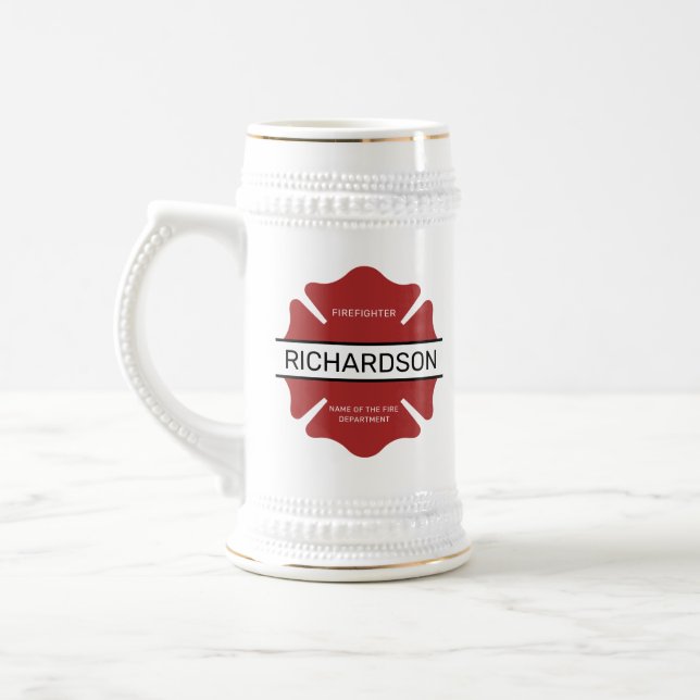 Personalized Firefighter Red Logo Symbol  Beer Stein (Left)