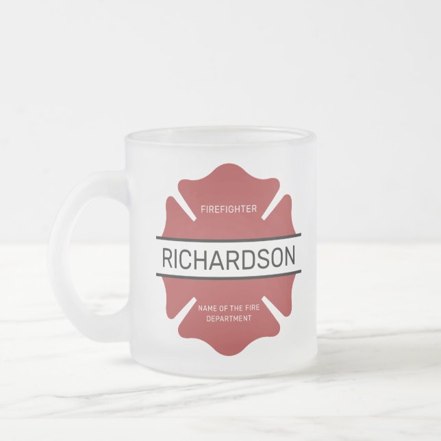Personalized Firefighter Red Logo Symbol  Frosted Glass Coffee Mug (Left)