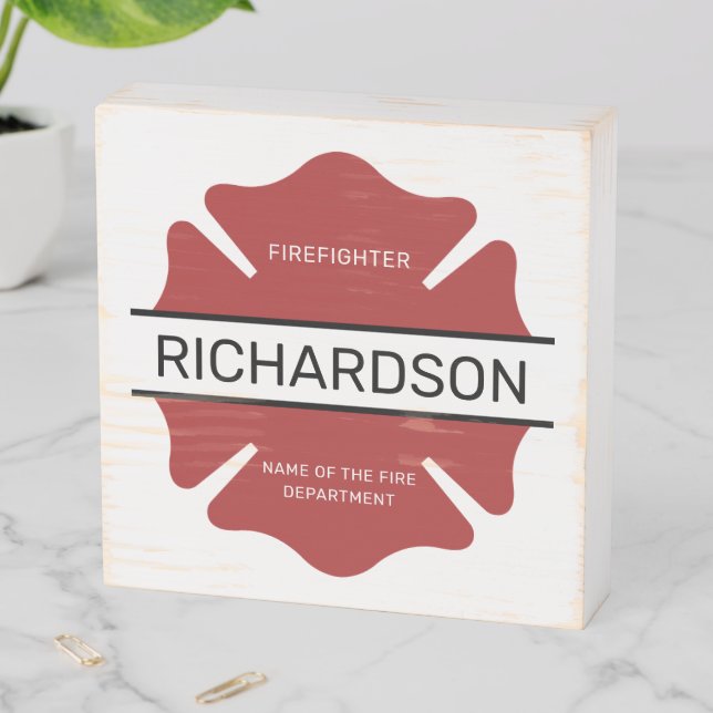 Personalized Firefighter Red Logo Symbol  Wooden Box Sign (In Situ Horizontal)
