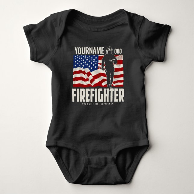 Personalized Firefighter Rescue USA Flag Patriotic Baby Bodysuit (Front)