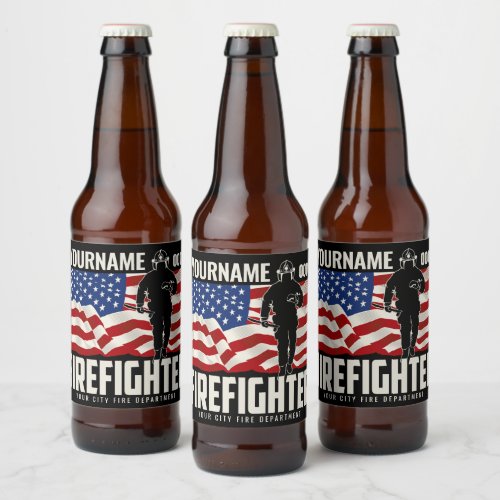 Personalized Firefighter Rescue USA Flag Patriotic Beer Bottle Label