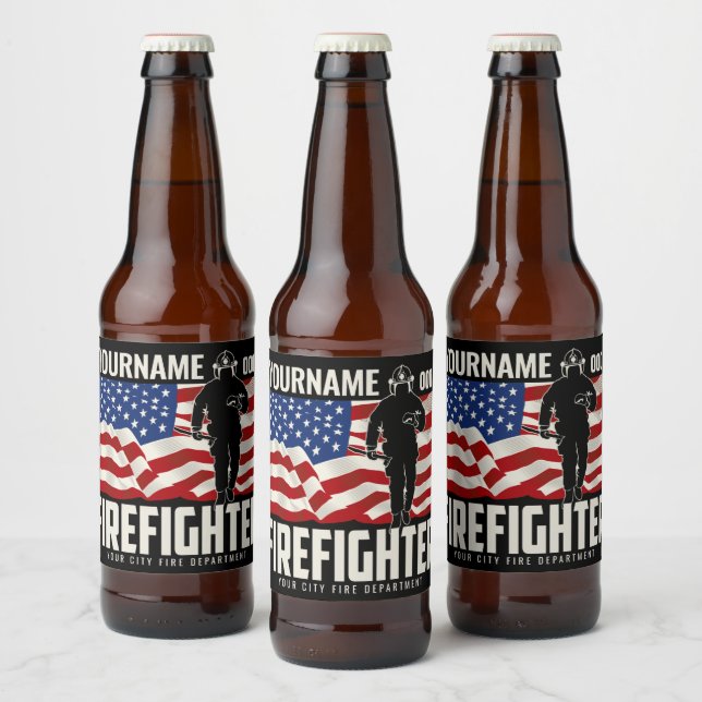 Personalized Firefighter Rescue USA Flag Patriotic Beer Bottle Label (Bottles)