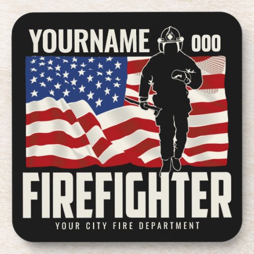 Personalized Firefighter Rescue USA Flag Patriotic Beverage Coaster